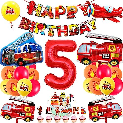 Feuerwehrauto 5 Geburtstag Luftballon, Kindergeburtstag Feuerwehrauto Deko, 5 Geburtstag Feuerwehrauto Dekoration, Junge Kindergeburtstag Deko Feuerwehrmann für Kinderzimmer Kindergarten Partydeko