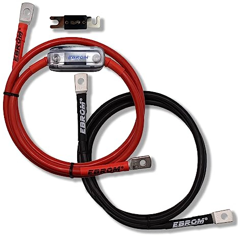 EBROM Batteriekabel SET 50 mm² je 60cm, M8+M10 Schuhe, 200A ANL Sicherung | von 60cm bis 10m, MASSEKABEL schwarz - PLUSKABEL rot, 50 mm2, ANL Sicherungshalter + Sicherung + DIN46235 Kabelschuhe