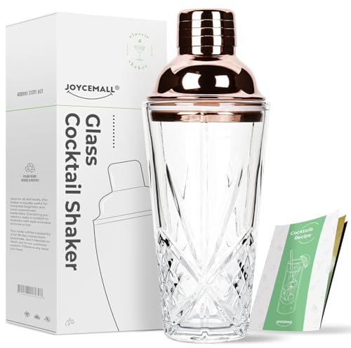 JOYCEMALL - Coctelera de vidrio de 14.5 onzas, coctelera de cristal cortado con tapa de sellado inoxidable y colador, para uso doméstico y bar, whisky y cóctel, oro rosa