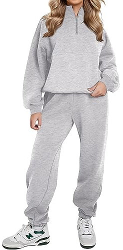 REORIA Damen Weich Baumwolle Hausanzug Dick Freizeitanzug Warm Trainingsanzug Jogginganzug Set halbem Reißverschluss Tracksuits mit Fleece-Futter Grau M