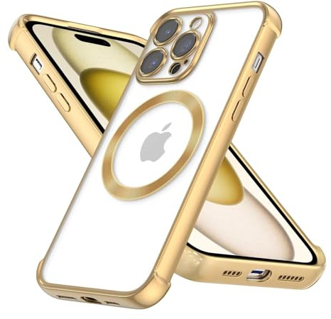 Kaywzo Hülle für iPhone 15 Pro,TPU Galvanisierte Transparent Handyhülle Kompatibel mit MagSafe,Vier Ecken Stoßfester Schutzhülle,Dünn Glänzend Silikon Cover Case,Gold