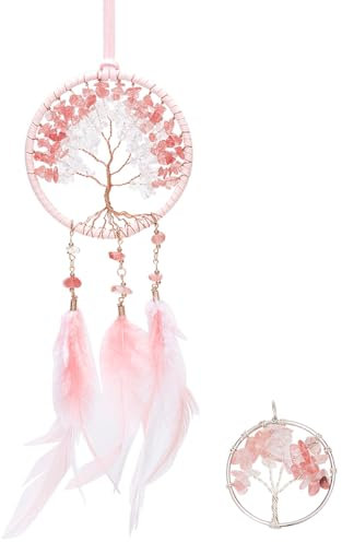 GORGECRAFT 1 Ensemble Attrape-Rêves en Plumes et Perles de Cristal Petit Arbre de Vie Attrape-Rêves Chakras pour Rétroviseur à Suspendre Décoration de Chambre à Coucher Décoration de Chambre, Rose