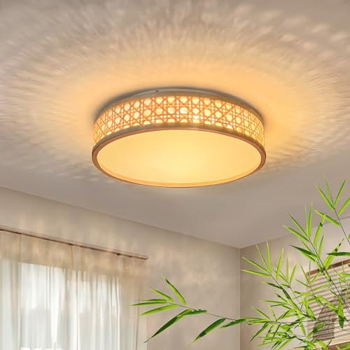 LUOLONG Led Deckenleuchte Bambus Deckenlampe Rund 45w Holz Deckenleuchte 50cm Vintage Bambus Rattan Schlafzimmerlampe Dimmbar 3000-6000K Handgewebte Bambus Lampe Korridor Wohnzimmer Esszimmer