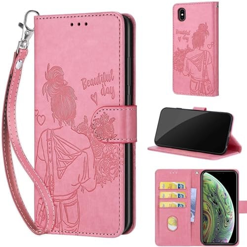 for iPhone X/XS Case, Embossed Premium PU Leather Folio Flip Notebook Wallet Cover Compatible with iPhone X/XS Phone Case [Magnet Closure][Kickstand][Card Slots], Pink Girl