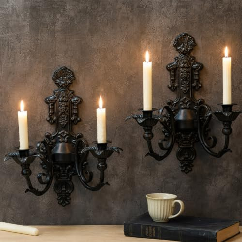 CC wonderland zone Candle Sconce(Set of 2)-Metal Gothic Wall Decorations-Rustic Home Decor-Black Gold Wall Candle Sconces,Dark Academia Decor