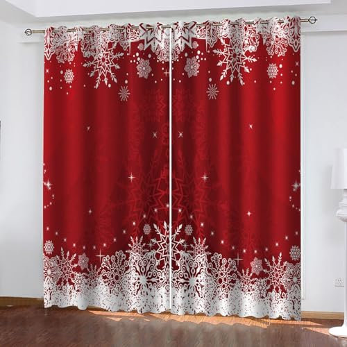 MELABE Rote Weihnachten Blickdicht Vorhänge, Weiße Schneeflocken Deko Gardinen mit Ösen für Wohnzimmer Schlafzimmer 2er Set 2 x 117.5B x 230H cm