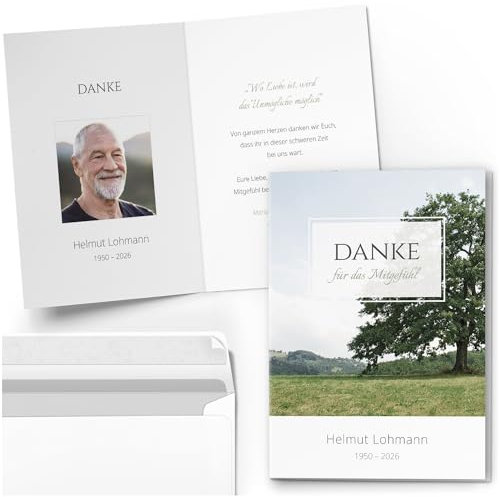 10 PERSONALISIERTE Trauer Danksagungen Dankeskarten mit eigenem Text und Foto | Individuell anpassbare Trauerkarten mit Briefumschlägen | Danke für das Mitgefühl Baum Wiese Natur Land