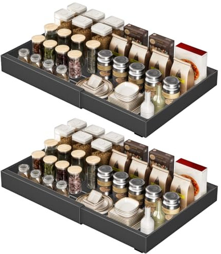 YheenLf Paquete de 2 organizadores adhesivos extraíbles para armarios de cocina, cajones deslizables y estantes para la despensa, ancho ajustable de 32 a 52 cm, Negro