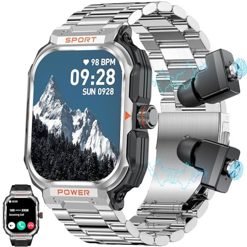 paazomu Orologio intelligente militare da uomo, con cuffie TWS, Bluetooth, chiamate, sport all'aperto, fitness, monitoraggio della salute, orologio musicale per iPhone e Android (argento)