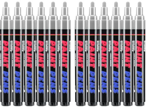 Craiiby Silver Paint Pens Paint Markers - 12 Pack Permanent Acrylic Quick Dry Waterproof Marker Pens for Rocks Wood Fabric Plastic Canvas Glass Mugs Metal Tire Stone