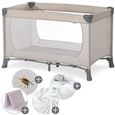 hauck Baby Reisebett Dream N Play XXL-Sparset mit Matratze, Insektenschutz, Betteinlage & Spannbettlaken - faltbares Kinder Babyreisebett mit Tasche - Beige