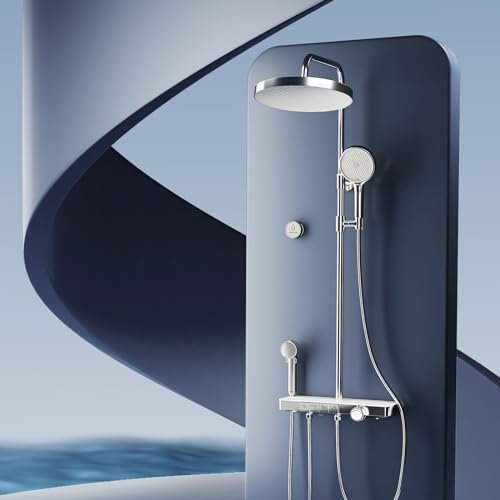 EMKE Colonne de Douche Thermostatique,Chromé, 4 en 1: Pommeau de Douche, Douchette Enfant, Bec Cascade. Filtration, Préréglage, Affichage Numérique. Design Moderne pour Salle de Bain