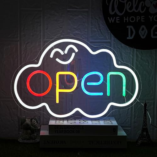 LMSIGNLY Öffnen Sie Neon Zeichen Wolke Neon Licht Öffnungszeichen Buntes LED Neon Türöffner Zeichen Dimmbarer Schalter Regenbogen Neon Licht Zeichen für Restaurant Büro Shop Bar Cafe