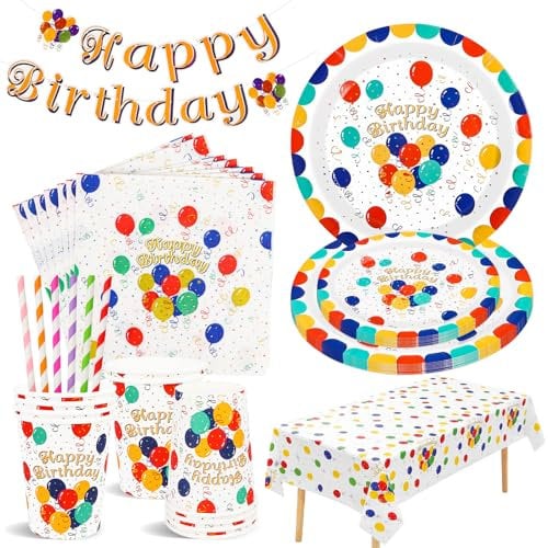 Kit Vaisselle Anniversaire pour 10 Invités, 62Pcs Vaisselle Fête Anniversaire - Bannière, assiettes en carton, gobelets, serviettes, nappe Anniversaire pour Fille Garcon