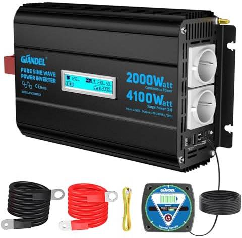 GIANDEL Power Inverter 2000W Onda Sinusoidale Pura compatibile con LiFePO4 Convertitore 12V 220V 230V con regolabile spegnimento per sottotensione ingresso DC e con Telecomando per auto,camion camper