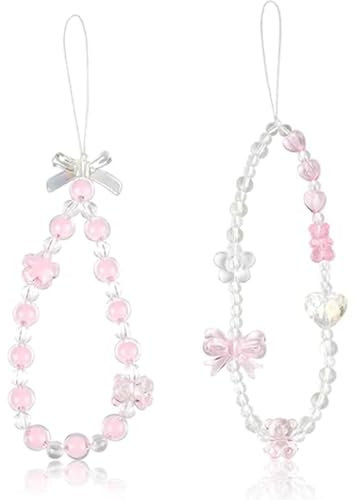 2 PCS Beaded Phone Charm Strap, Cute Aesthetic Phone Chain Bow, Phone Lanyard Wrist Strap for Women Girls Keychain, Backpack, Wallet Decoration, Detachable Phone Charm for Most Smar