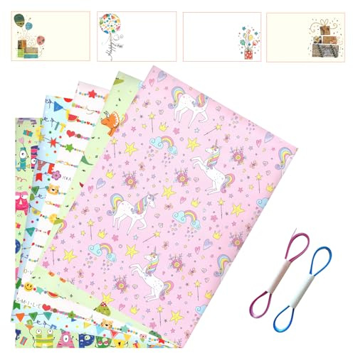 ARKRAFT Geschenkpapier für Kinder, 5 Blatt 90 x 65 cm, 2 Bänder à 5 m, 4 Grußkarten, Einhorn und Dinosaurier Motive (SCM 2)