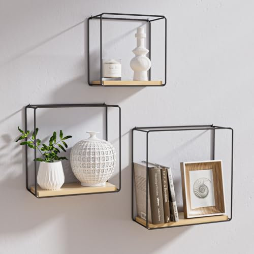 Xtsuen Wandregal,3 Verschiedene Größen Schwarz Schwebende Metallregal,Holzmaserung Wandregal,Regale für Wände,Wohnzimmer Küche Schlafzimmer Büro Wanddeko