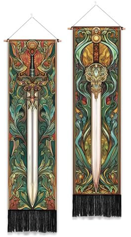 PLIGREAT 2er Pack Fantasy Waffen Vertikaler Wandteppich Schwerter Ästhetischer Wandbehang für Schlafzimmer Badezimmer Wohnzimmer Vintage Lange Schmale Wandbehang Schlafsaal Zimmer Zuhause Kunst Dekor
