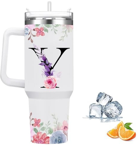 FOLAI Travel Mug,Drink Flasks for Hot & Cold,Stainless Steel Double Wall Vacuum Insulated Coffee Water Bottle, 40oz Tumbler with Straw and Lid Handle,Letter Printed Personalised Gifts(Y)