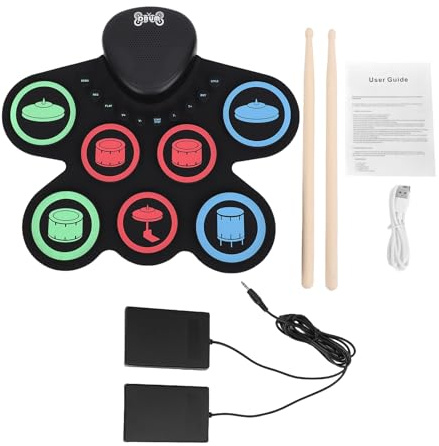 Focket Batteria Elettronica, Pad di Allenamento per Batteria Arrotolabile con Doppio Altoparlante, Pad per Batteria con 7 Pad in Silicone, Kit di Batteria Ricaricabile con Bacchette e
