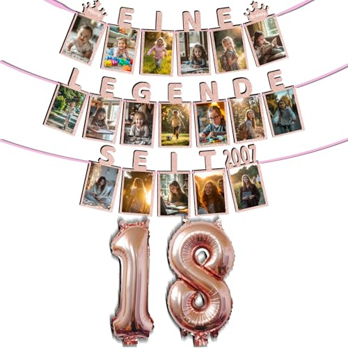 Deko 18. Geburtstag Mädchen Fotogirlande - EINE Legende SEIT 2007-18 Glitzerkarten Kann 6-Zoll-Fotos von 1 bis 18 Jahren einfügen, Luftballons mit 18 Jahre Alten Zahlen Party Deko (Roségold)