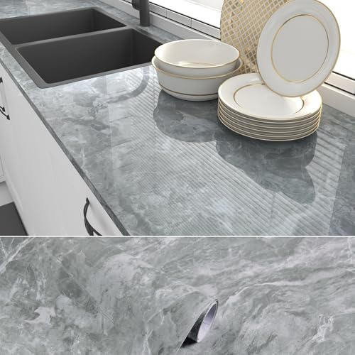 80cm×3m, Grey Marble Sticky Back Plastic Roll, Marble Vinyl Wrap for Kitchen Worktop, Heat-Resistant Worktop Vinyl Covering, Glossy Furniture Stickers Contact Paper Self Adhesive Furniture Makeover