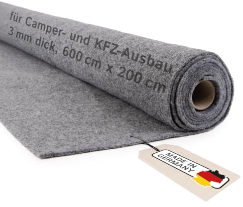 Camper Filz Meterware ohne Kleber, flexibler Nadelfilz für Camper Ausbau & Auto Innenverkleidung, 3 mm dick – Made in Germany, grau, 600 cm x 200 cm