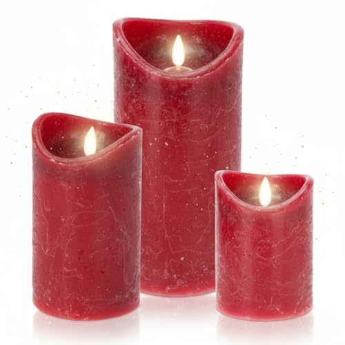 Envenzo LED Flameless Candle, Red Wax, Battery Operated, 6/18h Timer, Swing Flame Effect (Set of 3 (S,M,L))