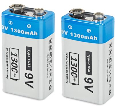 Pack de 2 baterías recargables de 9 V, 1300 mAh, iones de litio, incluye cable USB, universal, para iluminación de emergencia, pedales de efectos de guitarra, multímetros digitales, juguetes, radios