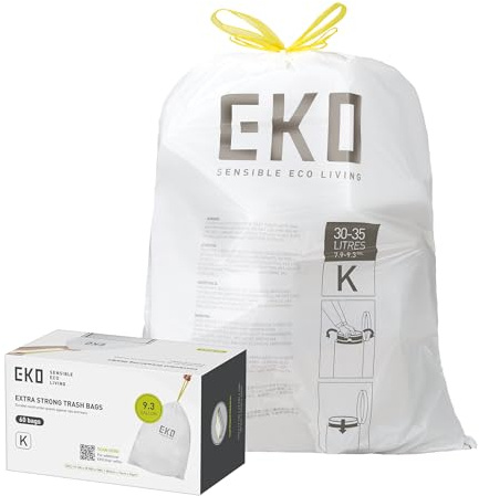 EKO 9.3 Gallon / 30–35 Liter Drawstring Trash Bags, 60 Count Heavy-Duty Tall Kitchen Garbage Can Liners, Extra-Strong Leak-Resistant, Unscented, White, Code K