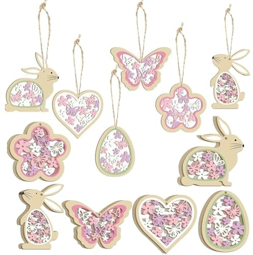 HERZWILD 24pcs Ostern deko zum Aufhängen Doppelseitig Bedruckte Osteranhänger aus Holz Frühlingsdeko Anhänger Osterhase Ostereier Schmetterlinge Blumen Ostern Deko (A-pink)