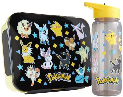 Get Trend Pokemon Brotdose Kinder & 640ml Trinkflasche Set, 1,75L Snackbox mit Fächern, Spülmaschinenfest & Mikrowellengeeignet, BPA Frei Bento Lunchbox für Schule & Freizeit (Multi Pokemon)