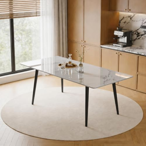 KAANAA Sinterstein Esstisch 160x80 cm Weiß, moderner Tisch | 160x80 cm, Für 4–6 Personen, Sintersteinplatte, Marmoroptik, Kratzfest, Hitzebeständig, Pflegeleicht, Weiß