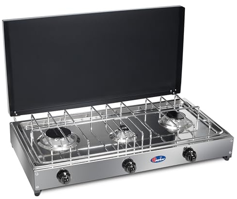 CFParker Fornello 3 Fuochi a Gas Gpl con Pianale in Acciaio Inox e Coperchio Grigio Grafite per Uso Esterno - 5523GSP