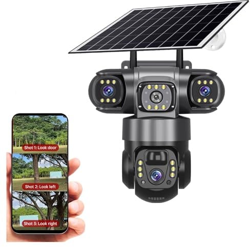 MEIVIYA Telecamera Solare 4G SIM da Esterno 3 Lenti Tre schermi Webcam PIR Rilevamento Umano CCTV Video di Sicurezza Batteria PTZ IP Camara(6MP 5X Cam 64G)