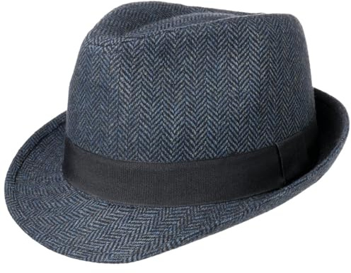 Lipodo Classic Trilby Hut Fischgratmuster Ripsband Damen und Herren Sommer Winter schwarz-blau S (55-56 cm)