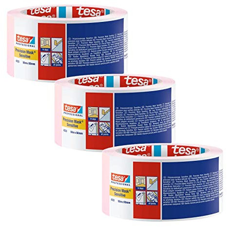 tesa Präzisionskrepp 4333 Sensitiv - 3er Pack - Malerkrepp zum Abkleben empfindlicher Untergründe im Innenbereich - extrem flaches Malerband - hellrosa - je 50 m x 50 mm