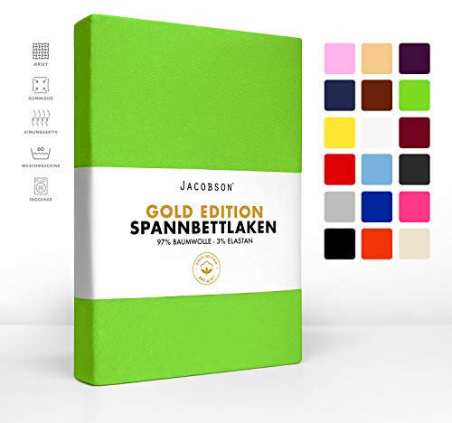 Jacobson Gold Edition Jersey Spannbettlaken Spannbetttuch Baumwolle mit ELASTAN ca. 200 g/m² (200 x 220 cm + 40cm, Apfelgrün)
