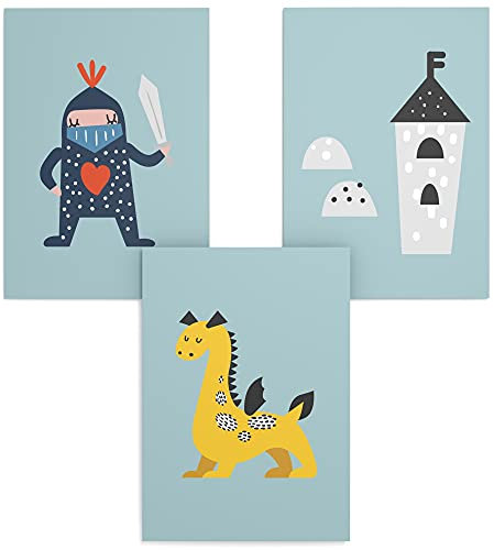 Papierschmiede® Kinderposter 3er Set, DIN A4 (21x30 cm) Wanddeko, Geschenk für Jungen & Mädchen Kinderzimmer Babyzimmer, Ritter