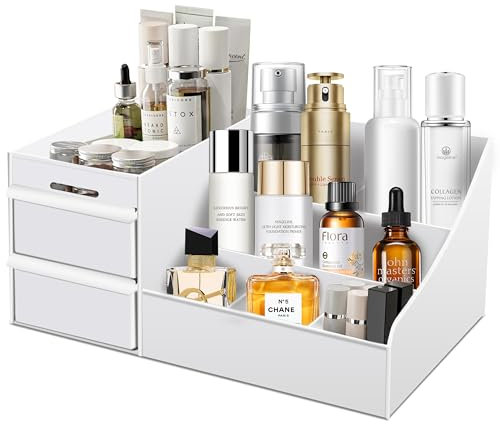 Simbuy Makeup Organizer With Drawers — Countertop Organizer for Cosmetics, Vanity Holder for Lipstick, Brushes, Lotions, Eyeshadow, Nail Polish and Jewelry (White)