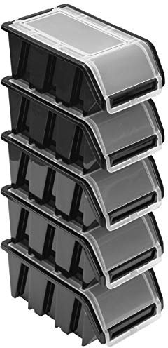 Stapelboxen Set – 5x Stapelbox mit Deckel 155x100x70 mm – Sichtbox Stapelbox Lagerbox, Schwarz