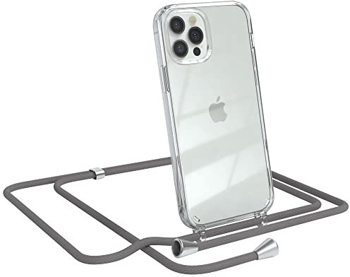 EAZY CASE Handykette kompatibel mit iPhone 12/12 Pro Handyhülle mit Umhängeband, Handykordel mit Schutzhülle, Silikonhülle, Hülle mit Band, Stylische Kette mit Hülle für Smartphone, Anthrazit