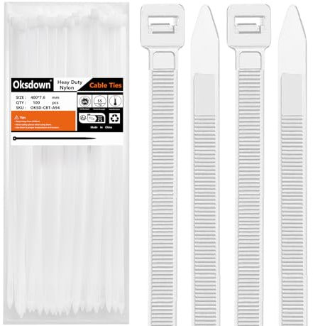 Oksdown 400 mm x 7,6 mm Collier de Serrage Plastique Blanc Serre Câbles Longs Rilsan Ultra Solides Résistant aux UV Attache Câble Lot de 100 Pièces