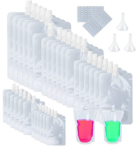 GZhaimai 80 Stk Saftbeutel, Klare Trinkbeutel Trinkbeutel mit Trichter Wiederverwendbare für Draussen, Reisen, Picknick und Party (100/200/300/380/500ml)