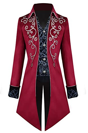 OBEEII Manteau Steampunk Frack vintage pour homme - Manteau médiéval - Jupe de marche victorienne - Costume de carnaval - Cosplay - Halloween - Costume de smoking - Taille S à 2XL, rouge, M