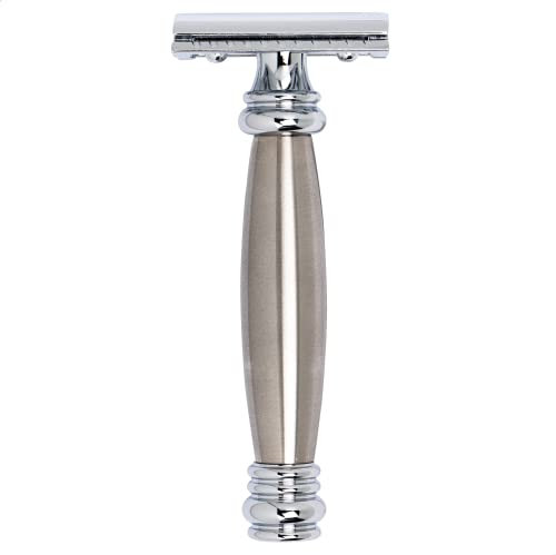 MERKUR Rasierhobel 43C | Edelstahl und Glanzchrom | Zweiteiliger Rasierer mit geradem Schnitt | Geschlossener Kamm | Ideal für Nassrasur | Zinkdruckguss | Messing Griffstück | Made in Germany