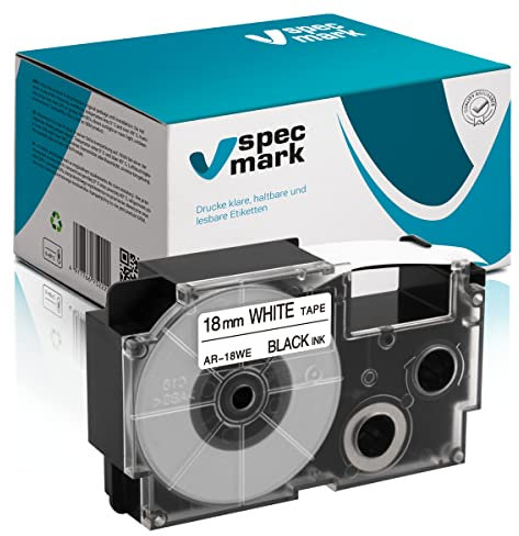 Specmark Schriftband XR-18WE Farbbandersatz für Etikettendrucker - Farbe des Bandes Weiß - Druckfarbe Schwarz - Kompatibel mit den Meisten Casio Druckern - Etikettendruckmaschinen - 18mm x 8m