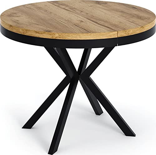 WFL GROUP Runder Ausziehbarer Esstisch - Loft Style Tisch mit Metallbeinen - 90 bis 170 cm - Industrieller Tisch für Wohnzimmer - Kompakt - 90 cm - Craft Eiche