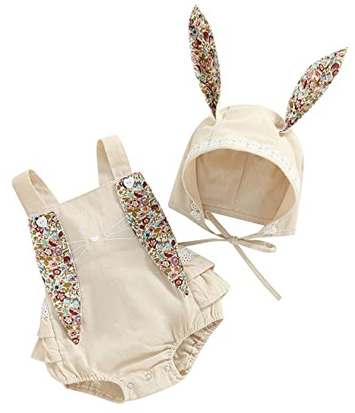 Loalirando Baby Girls Easter Outfits Cute Floral Rabbit Ear Bunny Tail Newborn Baby Girls Romper + Hat/Easter Baby Girl Dress Sister Mathing Clothes